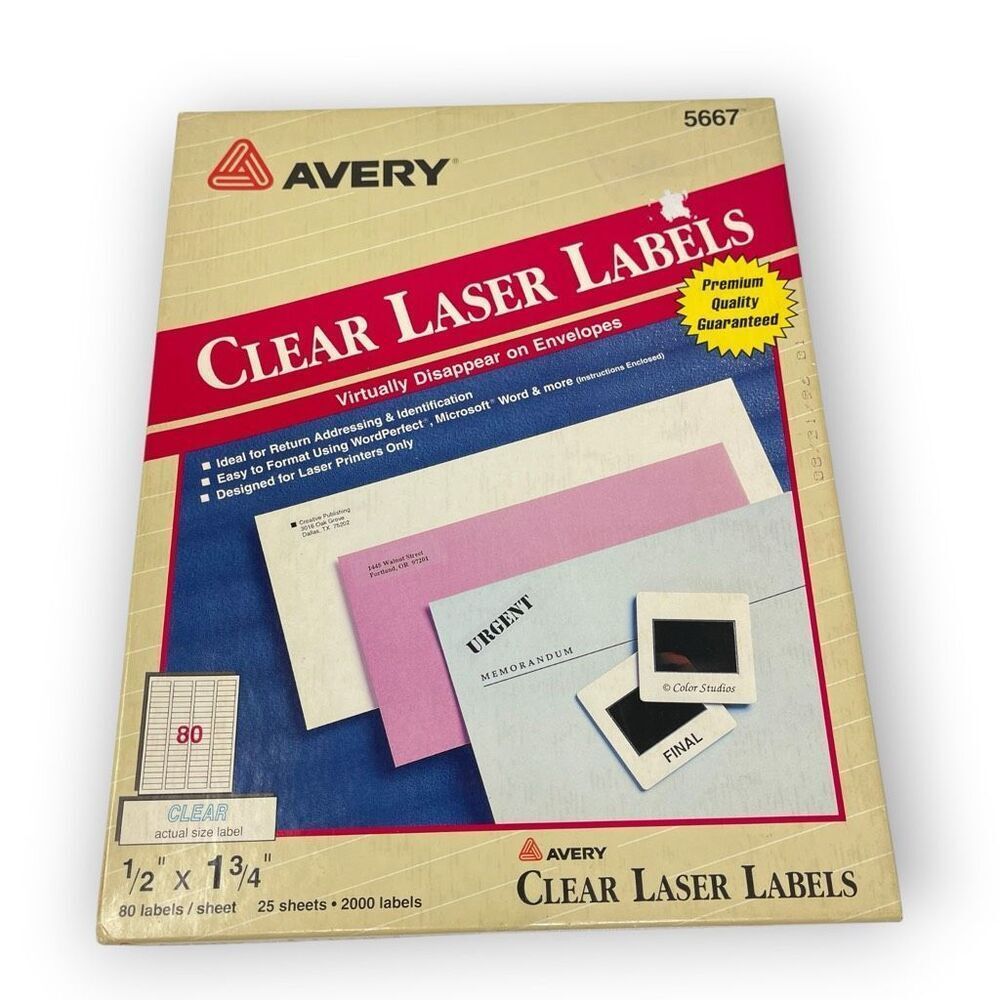 Avery 5667 Clear Laser Labels 1/2” x 1 3/4” 20 Sheets 1600 Labels Original Box